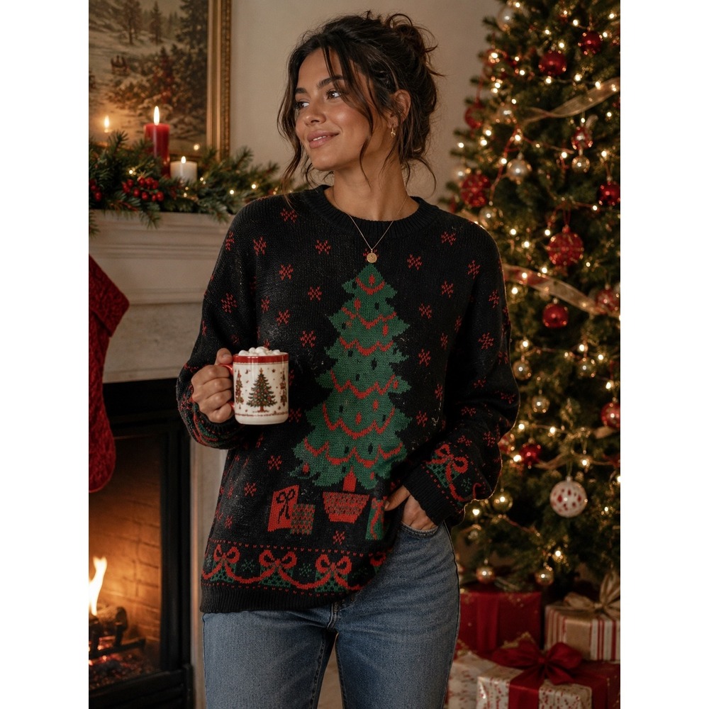 Private Eyes Vintage Christmas Tree Sweater Black Red Green Bows Small USA Made
